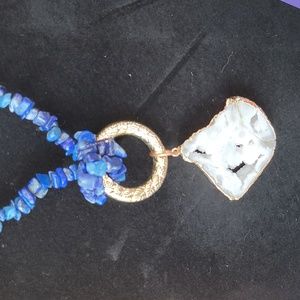 Lapis chip with druzy sweater necklace